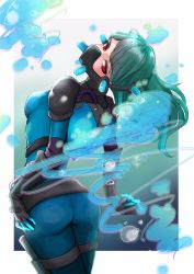 Rule 34 | 1girl, ass, blue hair, blue suit, formal, fortnite, from behind, gloves, highres, long hair, looking at viewer, looking back, mask, mouth mask, nekoramen222, red eyes, simple background, slurpetine (fortnite), solo, suit