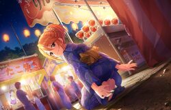 Rule 34 | 2boys, 4girls, blue kimono, brown hair, candy apple, closed mouth, dutch angle, eyelashes, feet, festival, fire extinguisher, floral print, food, food stand, from behind, full body, game cg, grey eyes, hair between eyes, hair ornament, idolmaster, idolmaster cinderella girls, idolmaster cinderella girls starlight stage, japanese clothes, kimono, kneeling, lantern, long sleeves, looking at viewer, looking back, market stall, multiple boys, multiple girls, night, night sky, obi, official art, outdoors, paper lantern, sandals, sash, sidelocks, sky, smile, soles, solo focus, star (sky), starry sky, summer festival, takoyaki, wide sleeves, yukata, yuuki haru, zouri