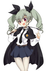 Rule 34 | 10s, 1girl, anchovy (girls und panzer), blush, cape, drill hair, girls und panzer, green hair, hair ribbon, long hair, looking at viewer, massala, military, military uniform, necktie, open mouth, pantyhose, red eyes, ribbon, riding crop, skirt, smile, solo, twin drills, twintails, uniform