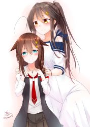 Rule 34 | 10s, 2girls, :d, absurdres, ahoge, alternate costume, alternate hairstyle, blue eyes, braid, brown hair, dress, hair flaps, hair ornament, hairclip, hands on another&#039;s shoulders, haruna (kancolle), highres, jacket, jewelry, kantai collection, multiple girls, namikawa kuroha, necklace, necktie, open mouth, orange eyes, pleated skirt, ponytail, remodel (kantai collection), shigure (kancolle), signature, single braid, skirt, smile, twitter username