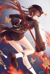 Rule 34 | 1girl, artist name, artist request, ass, black shorts, breasts, brown hair, chinese clothes, fire, from behind, genshin impact, hat, hat ornament, highres, hu tao (genshin impact), long hair, looking at viewer, looking back, medium breasts, polearm, red eyes, short shorts, shorts, sideboob, smile, solo, staff of homa (genshin impact), twintails, very long hair, weapon