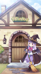 Rule 34 | 1girl, bat wings, boots, broom, chimney, cloud, day, door, grass, hat, highres, long hair, mauve, outdoors, pink eyes, pio (potion maker), pointy ears, potion maker, purple eyes, purple hair, sky, smile, solo, standing, window, wings, witch hat