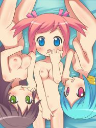 Rule 34 | 00s, 3girls, :d, aqua hair, awa, blue eyes, blush, breasts, brown hair, covering privates, covering crotch, dankain reiko, female focus, green eyes, hair ornament, hair ribbon, hand on own cheek, hand on own face, hand to own mouth, long hair, looking at viewer, lying, multiple girls, navel, nipples, nude, on back, on side, open mouth, pink eyes, pink hair, ribbon, short hair, short twintails, small breasts, smile, tanaka yutori, tsumekomi shiori, twintails, upside-down, yutori-chan
