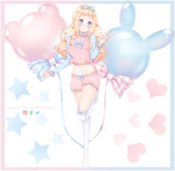 Rule 34 | 1girl, artist name, balloon, blonde hair, blue bow, blue eyes, blush, bow, breasts, commentary, commission, english commentary, full body, hair bow, hair ribbon, heart, highres, instagram logo, kneehighs, long hair, long sleeves, looking at viewer, medium breasts, navel, original, pink shorts, puppypaww, red bow, red ribbon, ribbon, shorts, smile, socks, solo, standing, star (symbol), star in eye, symbol in eye, twitter logo, v, white socks