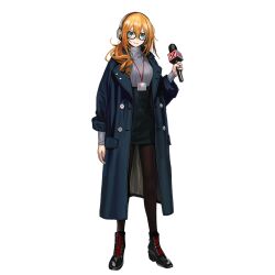 Rule 34 | 1girl, black-framed eyewear, black footwear, black pantyhose, black skirt, blue coat, blue eyes, boots, coat, cross-laced footwear, disguise, full body, girls&#039; frontline, glasses, grey sweater, grin, hair between eyes, hair over shoulder, headphones, high-waist skirt, holding, holding microphone, id card, infukun, kalina (girls&#039; frontline), lace-up boots, lanyard, light blush, long coat, long hair, long sleeves, microphone, official alternate costume, official art, open clothes, open coat, orange hair, pantyhose, rectangular eyewear, reporter, simple background, skirt, smile, solo, standing, sweater, third-party source, transparent background