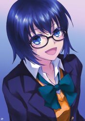 Rule 34 | 1girl, black jacket, blue background, blue eyes, blue hair, bow, bowtie, ciel (tsukihime), commentary request, glasses, gradient background, jacket, lo lis, loose bowtie, open mouth, school uniform, signature, smile, solo, tsukihime, upper body