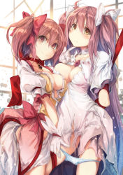 Rule 34 | 10s, 2girls, arms behind back, bdsm, blush, bondage, bound, bound arms, bow, breasts, choker, cleavage, dress, dual persona, fal maro, frown, gloves, gradient background, hair bow, hand on another&#039;s chin, kaname madoka, large breasts, long hair, looking at viewer, magical girl, mahou shoujo madoka magica, mahou shoujo madoka magica (anime), multiple girls, naughty face, no bra, panties, panty pull, pink eyes, pink hair, ribbon, ribbon bondage, smile, soul gem, spoilers, torn clothes, twintails, ultimate madoka, underwear, very long hair, white gloves, yandere, yellow eyes