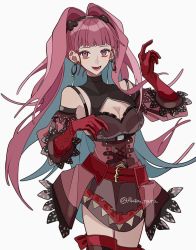 Rule 34 | 1girl, absurdres, bare shoulders, belt, black dress, black hairband, blunt bangs, breasts, cleavage cutout, clothing cutout, commentary, dress, earrings, fire emblem, fire emblem: three houses, gloves, hairband, highres, hilda valentine goneril, hoop earrings, jewelry, large breasts, long hair, looking at viewer, nintendo, open mouth, pikapika hoppe, pink dress, pink eyes, pink hair, red belt, red gloves, simple background, smile, solo, symbol-only commentary, twitter username, two-tone dress, very long hair, white background