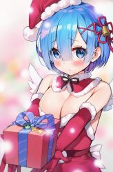 Rule 34 | 1girl, ayamy, bare shoulders, bell, blue eyes, blue hair, blush, box, breasts, christmas, cleavage, commentary request, detached collar, elbow gloves, gift, gift box, gloves, hair bell, hair between eyes, hair ornament, hair ribbon, hat, highres, holding, holding gift, large breasts, looking at viewer, re:zero kara hajimeru isekai seikatsu, red gloves, red hat, red ribbon, rem (re:zero), ribbon, santa hat, short hair, solo, x hair ornament
