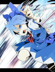 Rule 34 | 1girl, angry, bad id, bad pixiv id, cirno, embodiment of scarlet devil, hair between eyes, ice, la-do, letterboxed, oguro (moyashi 2-hon), open mouth, solo, touhou