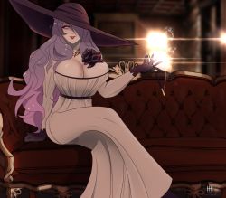 Rule 34 | 1girl, alcina dimitrescu, alcina dimitrescu (cosplay), artist request, black gloves, breasts, camilla (fire emblem), cigarette holder, cleavage, cosplay, dress, female focus, fire emblem, fire emblem fates, gloves, hair over one eye, hat, highres, holding, huge breasts, long hair, nintendo, purple hair, red lips, resident evil, resident evil village, sitting, smile, solo, white dress