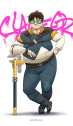 Rule 34 | 1boy, absurdres, arcane: league of legends, belt, black footwear, black jacket, black pants, boots, brown belt, brown hair, character name, claggor (arcane), crossed legs, fat, fat man, goggles, highres, holding, jacket, knee boots, league of legends, leaning on object, pants, shirt, short hair, smile, solo, spoilers, standing, tunx2 bear, twitter username, wrench