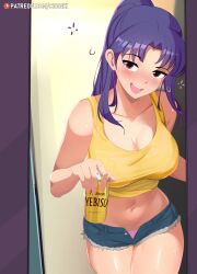 Rule 34 | 1girl, absurdres, alternate hairstyle, bare legs, bare shoulders, beer can, blush, breasts, brown eyes, can, chenki, denim, denim shorts, door, drink can, drunk, high ponytail, highres, holding, holding can, katsuragi misato, large breasts, long hair, looking at viewer, navel, neon genesis evangelion, no bra, open clothes, open shorts, panties, pink panties, ponytail, purple hair, shiny skin, shirt, short shorts, shorts, simple background, smile, solo, sweat, sweatdrop, tank top, thick thighs, thighs, underwear, wide hips, yellow shirt