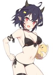 Rule 34 | 1girl, abukuma (azur lane), ahoge, arm ribbon, azur lane, bikini, black bikini, black hair, breasts, choker, cleavage, commission, contrapposto, cowboy shot, earrings, facial mark, front-tie bikini top, front-tie top, grey background, hair ornament, halterneck, hand on own hip, horns, jewelry, leg ribbon, looking at viewer, manjuu (azur lane), medium breasts, navel, pointy ears, red eyes, ribbon, ribbon choker, short hair, side-tie bikini bottom, simple background, skeb commission, solo, supershiruco, sweat, swimsuit, thigh ribbon