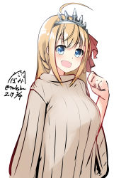Rule 34 | 1girl, :d, ahoge, alternate costume, blonde hair, blue eyes, blush, braid, brown sweater, commentary request, dated, eyebrows hidden by hair, hair between eyes, hair ribbon, highres, long hair, long sleeves, looking at viewer, nekobaka, open mouth, pecorine (princess connect!), princess connect!, red ribbon, ribbed sweater, ribbon, signature, simple background, smile, solo, sweater, tiara, twitter username, white background, wide sleeves