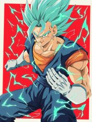 Rule 34 | 1boy, biceps, blue hair, blue pants, blue sash, bure (fantasticyouth7), clenched hand, closed mouth, commentary request, dougi, dragon ball, dragon ball super, earrings, electricity, energy, gloves, green eyes, hand up, highres, jewelry, looking at viewer, male focus, muscular, muscular male, orange shirt, pants, pectoral cleavage, pectorals, potara earrings, red background, sash, shirt, simple background, smile, smirk, solo, spiked hair, super saiyan, super saiyan blue, two-tone background, v-shaped eyebrows, vegetto, white background, white gloves