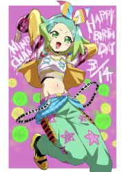 Rule 34 | 1girl, :d, arms up, belt, blue hair, blush, bow, breasts, chain necklace, character name, commentary request, cropped shirt, edamame (buruburu), fang, fishnet top, fishnets, foot out of frame, gradient hair, green eyes, green hair, green pants, hair bow, hairband, happy birthday, highres, idol time pripara, jacket, jewelry, long sleeves, looking at viewer, multicolored hair, navel, necklace, nijiiro nino, open clothes, open jacket, open mouth, pants, pink background, pink belt, pink hairband, pretty series, print pants, pripara, shoes, short hair, small breasts, smile, solo, standing, standing on one leg, star (symbol), star print, streetwear, triangle hair ornament, yellow footwear, yellow jacket