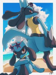 Rule 34 | border, closed mouth, cloud, commentary request, creatures (company), day, evolutionary line, game freak, gen 4 pokemon, highres, kuchiba (jret2454), looking at viewer, lucario, nintendo, orange eyes, outdoors, pokemon, pokemon (creature), riolu, signature, sitting, sky, smile, standing, star-shaped eyewear, star (symbol), sunglasses, white border