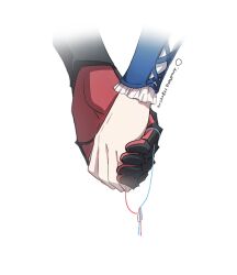 Rule 34 | 1boy, 1girl, armored gloves, blue ribbon, clive rosfield, couple, ff16 noira, final fantasy, final fantasy xvi, hetero, holding hands, interlocked fingers, jill warrick, red ribbon, ribbon, simple background, string, string of fate
