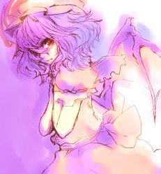 Rule 34 | 1girl, bat wings, blue hair, fang, female focus, hands on own chest, hat, purple theme, red eyes, remilia scarlet, shiro (hakukosui), short hair, sketch, solo, touhou, wings