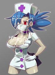 Rule 34 | 1girl, 2017, blue hair, breasts, choker, cleavage, cowboy shot, cum, cum on body, cum on breasts, cum on hair, cum on upper body, facial, gloves, grey background, hand on own hip, highres, large breasts, malev, mask, mouth mask, ponytail, pouch, red eyes, skullgirls, solo, surgical mask, valentine (skullgirls)