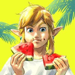 Rule 34 | 1boy, absurdres, alternate costume, blonde hair, blue eyes, casual, contemporary, earrings, eating, food, food on face, fruit, highres, holding, holding food, holding fruit, jewelry, link, male focus, nintendo, official art, pointy ears, seed, shirt, solo, t-shirt, the legend of zelda, the legend of zelda: breath of the wild, the legend of zelda: tears of the kingdom, watermelon, watermelon seeds, watermelon slice, white shirt