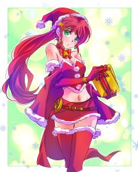 Rule 34 | 1girl, boots, box, capelet, christmas, circlet, dress, forehead protector, fur trim, gift, gift box, gloves, green eyes, hat, highres, iesupa, long hair, midriff, navel, off shoulder, ponytail, pyrrha nikos, red dress, red gloves, red hair, rwby, santa costume, santa hat, solo, thigh boots, thighhighs