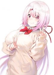 Rule 34 | 1girl, bow, bowtie, breasts, cardigan, closed mouth, colored skin, hair ornament, hair ribbon, hairclip, ikuchan kaoru, large breasts, long hair, long sleeves, looking at viewer, multicolored skin, nijisanji, pink eyes, pink hair, pocket, red bow, red bowtie, red ribbon, ribbon, shiina yuika, shiina yuika (1st costume), simple background, solo, upper body, virtual youtuber, w, white background