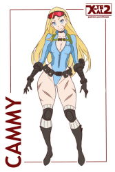 Rule 34 | 1girl, alternate costume, alternate hairstyle, artist name, belt, blonde hair, blue eyes, blue leotard, boots, breasts, cammy white, character name, cleavage, female focus, flat color, full body, gloves, goggles, goggles on head, harness, highleg, highleg leotard, knee pads, large breasts, leotard, long hair, looking at viewer, md5 mismatch, scar, smile, solo, street fighter, street fighter v, thigh boots, thighhighs, utility belt, watermark, web address, white background, x-t3al
