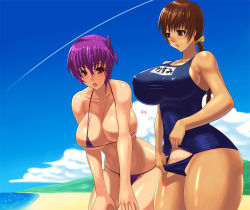 Rule 34 | 2girls, ayane (doa), beach, bikini, breasts, brown hair, cleavage, covered erect nipples, day, dead or alive, huge breasts, kasumi (doa), large breasts, long hair, micro bikini, multiple girls, name tag, one-piece swimsuit, school swimsuit, school swimsuit flap, short hair, siblings, sisters, swimsuit, tenji, thick thighs, thighs
