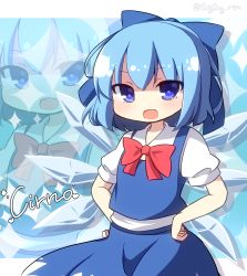 Rule 34 | 1girl, :d, blue bow, blue eyes, blue hair, blue skirt, blue vest, blue wings, bow, character name, cirno, collared shirt, commentary request, detached wings, hair bow, hands on own hips, highres, ice, ice wings, looking at viewer, open mouth, puffy short sleeves, puffy sleeves, red bow, rensei, shirt, short sleeves, skirt, skirt set, smile, solo, touhou, twitter username, vest, white shirt, wings, zoom layer