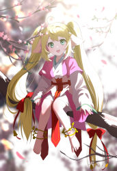 Rule 34 | 1girl, :d, absurdres, alternate hairstyle, animal ears, anklet, barefoot, blurry, blurry background, cherry blossoms, chinese clothes, depth of field, flower, full body, gou d, green eyes, hanfu, highres, huyao xiao hongniang, in tree, jewelry, knees together feet apart, long hair, long sleeves, looking at viewer, open mouth, pelvic curtain, pink flower, sitting, smile, solo, tree, tushan susu, twintails, very long hair