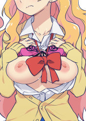 Rule 34 | 1girl, blonde hair, bow, bra, bra lift, breasts, breasts out, galko, head out of frame, highres, long hair, morisobo, nipples, oshiete! galko-chan, red bow, simple background, solo, underwear, very long hair, white background