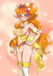 Rule 34 | 1girl, adapted costume, amanogawa kirara, bad id, bad pixiv id, bare shoulders, blush, breasts, choker, cleavage, commentary request, covered erect nipples, cure twinkle, detached collar, earrings, gloves, go! princess precure, highres, jewelry, large breasts, legs together, leotard, long hair, looking at viewer, magical girl, multicolored hair, ontaros, open mouth, orange hair, pink background, precure, purple eyes, shiny skin, skin tight, solo, standing, star (symbol), star earrings, streaked hair, thighhighs, two-tone hair, white gloves