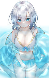 Rule 34 | 1girl, absurdres, arm support, ars almal, bare legs, bare shoulders, barefoot, bikini, bikini skirt, blue bow, blue eyes, blue jacket, blush, bow, bow swimsuit, breasts, caustics, cleavage, collarbone, frilled bikini, frills, gem (symbol), gold trim, hair between eyes, hand on own thigh, highres, jacket, knees out of frame, large breasts, looking at viewer, medium hair, miniskirt, navel, nei (aduma1120ponpon), nijisanji, parted lips, partially submerged, see-through, see-through jacket, see-through skirt, silver hair, sitting, skirt, solo, sparkle, swimsuit, thigh strap, virtual youtuber, wariza, water, white background
