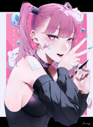 Rule 34 | 1girl, absurdres, artist name, bandaid, bandaid on face, bare shoulders, black sleeves, blue nails, breasts, detached sleeves, ear piercing, earrings, eyelashes, highres, holding, holding pen, jewelry, kuragevvv, large breasts, long hair, nail polish, original, parted lips, pen, piercing, pink eyes, pink hair, sideboob, sleeveless, solo, star (symbol), star earrings, twintails, v