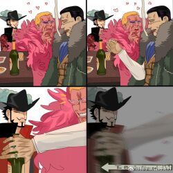 Rule 34 | 3boys, annoyed, beard, black hair, blank stare, blonde hair, bottle, crocodile (one piece), donquixote doflamingo, dracule mihawk, facial hair, falling feathers, feathers, hair slicked back, holding, holding bottle, loving aura, male focus, mature male, mg cls, motion blur, multiple boys, mustache, notice lines, one piece, parody request, pointing, pointing at mouth, pointing at self, scar, scar on face, scar on nose, short hair, stitches, sunglasses, third wheel, to be continued, tongue, tongue out, upper body, wine bottle, wrinkled skin, yaoi