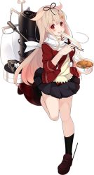 Rule 34 | 10s, 1girl, black skirt, food, full body, hair flaps, hair ornament, hairclip, jacket, kantai collection, kujou ichiso, looking at viewer, machinery, noodles, official art, pleated skirt, scarf, shirt, skirt, slurping, solo, transparent background, turret, udon, white scarf, yuudachi (kancolle), yuudachi kai ni (kancolle)