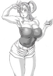 Rule 34 | 1girl, bare arms, bare legs, bare shoulders, breasts, bulma, cleavage, dragon ball, dragon ball (classic), dragon radar, hair bobbles, hair ornament, large breasts, lips, millefeuille, monochrome, short shorts, shorts, side ponytail, simple background, standing, strapless, thick thighs, thighs, tube top, white background, wide hips