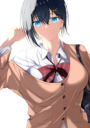 1girl bag black_hair blue_eyes bow bowtie breasts cardigan dappled_sunlight dress_shirt hair_between_eyes hair_ornament hairclip hand_up highres large_breasts light_smile looking_at_viewer loose_bowtie off_shoulder original partially_unbuttoned red_bow red_bowtie school_bag school_uniform shirt short_hair shoulder_bag simple_background smile solo striped_bow striped_bowtie striped_clothes striped_neckwear sunlight upper_body xi_ying