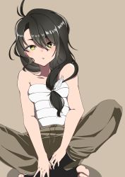 Rule 34 | 1girl, absurdres, bare shoulders, black hair, blush, brown background, brown pants, expressionless, feather hair ornament, feathers, fumetsu no anata e, hair between eyes, hair ornament, hair over shoulder, highres, crossed legs, long hair, looking at viewer, maki-kun, pants, parona, sarashi, shadow, simple background, solo, white feathers, yellow eyes