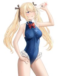 Rule 34 | 1girl, azur lane, bad id, bad pixiv id, black ribbon, blonde hair, blue eyes, blue one-piece swimsuit, blush, bottle, bow, bowtie, breasts, dead or alive, feet out of frame, hair ribbon, hand on own hip, holding, holding bottle, long hair, looking up, marie rose, marie rose (devilish servant against the splashing waves), medium breasts, one-piece swimsuit, one eye closed, pigeon (wejil), red bow, red bowtie, ribbon, school swimsuit, solo, standing, swimsuit, twintails, water bottle, white background