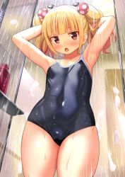 Rule 34 | 1girl, armpits, arms behind head, arms up, blonde hair, blush, cedar (cedar japonica), long hair, looking at viewer, mieruko-chan, niguredou julia, open mouth, red eyes, shower, solo, swimsuit, wet