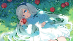 Rule 34 | 1girl, apple, black bow, black hairband, blue eyes, blush, bow, commentary, commentary request, day, dress, english commentary, food, frilled dress, frills, fruit, fufumi, grass, grey hair, hair bow, hairband, hand up, highres, long hair, looking at viewer, lying, on back, on grass, open mouth, original, outdoors, red apple, solo, teeth, upper teeth only, very long hair, white dress