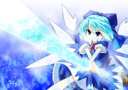 Rule 34 | 1girl, aruha, blue background, blue eyes, blue hair, blue theme, bow, cirno, crystal sword, hair bow, highres, ice, matching hair/eyes, solo, sunrise stance, sword, touhou, weapon, wings, x arms, yuuhi alpha