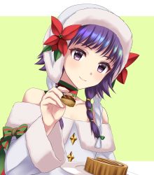 Rule 34 | 1girl, absurdres, bare shoulders, cake, cake slice, choker, christmas, fire emblem, fire emblem: the sacred stones, fire emblem heroes, flower, food, fork, fur trim, hat, highres, holding, holding fork, holding plate, kakiko210, long sleeves, looking at viewer, low twintails, lute (fire emblem), lute (winter) (fire emblem), nintendo, off shoulder, official alternate costume, plate, purple eyes, purple hair, red flower, ribbon, smile, solo, twintails, upper body, white hat, wide sleeves