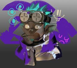 Rule 34 | 1boy, aqua hair, arknights, beard, dark skin, ethan (arknights), facial hair, frischenq, goggles, goggles on head, looking at viewer, male focus, pointy ears, solo, white eyes
