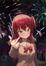 Rule 34 | 1girl, aerial fireworks, blurry, blurry background, blush, bocchi the rock!, breasts, doyagao, fireworks, highres, kita ikuyo, looking at viewer, m.q (mqkyrie), middle finger, one side up, red eyes, school uniform, signature, small breasts, smug, solo focus, the great gatsby, upper body