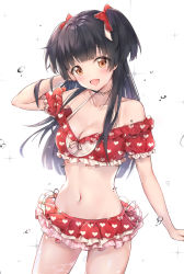 Rule 34 | 1girl, :d, arm up, bare shoulders, bikini, bikini skirt, black hair, blush, bow, breasts, brown eyes, choker, cleavage, collarbone, cowboy shot, cuna (qunya), frills, hair bow, halterneck, heart, heart print, highres, idolmaster, idolmaster shiny colors, layered skirt, long hair, looking at viewer, mayuzumi fuyuko, medium breasts, navel, off shoulder, open mouth, red bikini, red bow, skirt, smile, solo, sparkle, swimsuit, two side up, unmoving pattern, water, white background