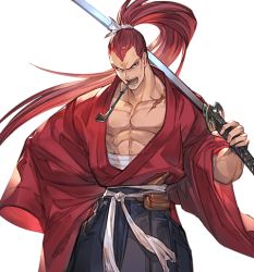 Rule 34 | 10s, 1boy, alpha transparency, granblue fantasy, hakama, hakama skirt, hand on own hip, japanese clothes, katana, kibagami genjuro, kiseru, long hair, looking at viewer, male focus, midriff sarashi, minaba hideo, muscular, official art, open mouth, over shoulder, pectoral cleavage, pectorals, smoking pipe, pipe in mouth, ponytail, red hair, samurai spirits, sarashi, scar, shouting, skirt, solo, sword, transparent background, weapon, weapon over shoulder, wide sleeves, widow&#039;s peak